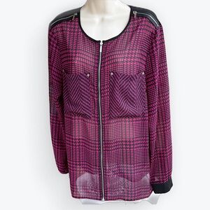Michael Kors Sheer Houndstooth Raspberry & Black Long Sleeve Front Zip Blouse~ L